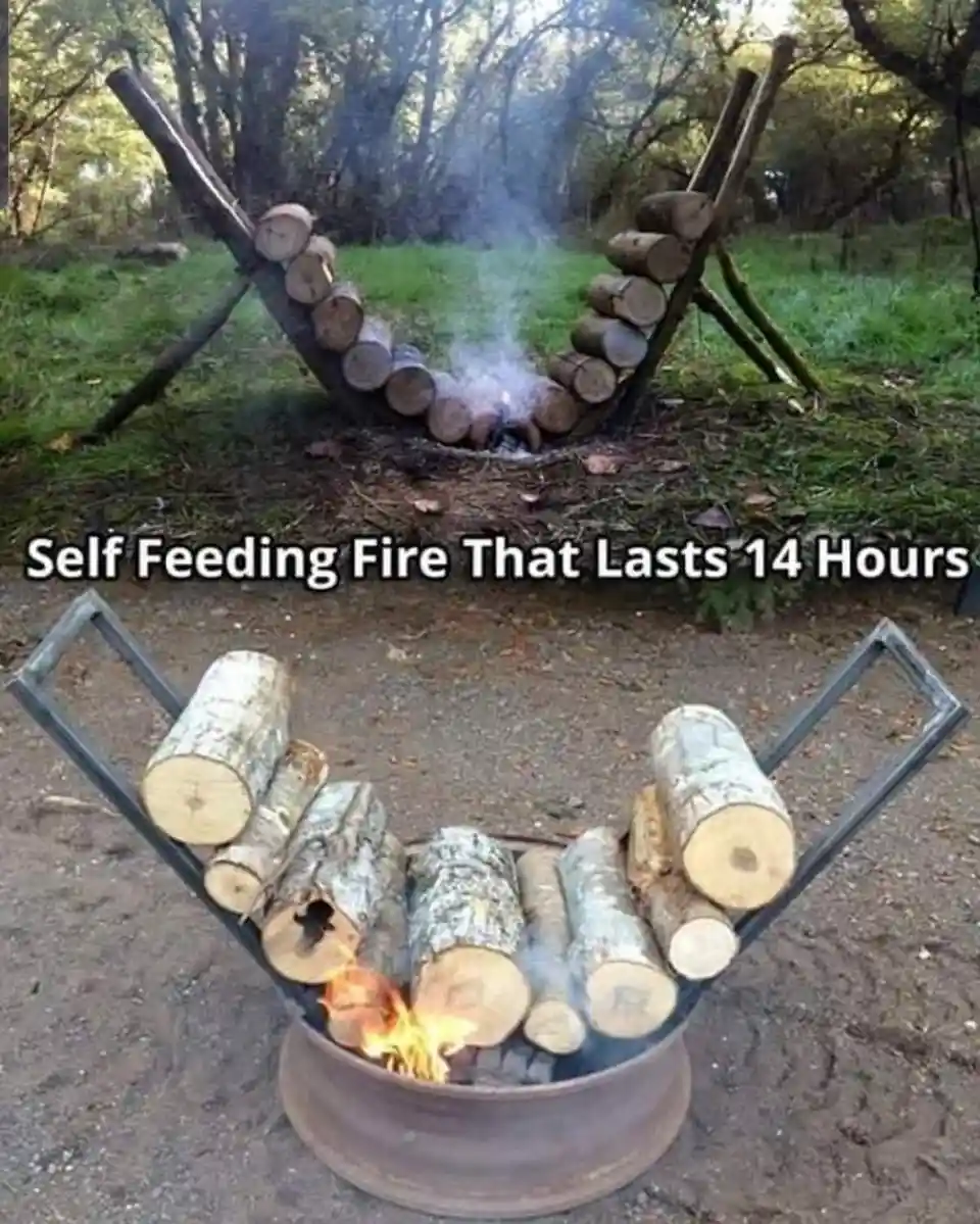 The image displays two photos of a fire pit designed to look like a hammock, constructed from logs and supported by wooden…