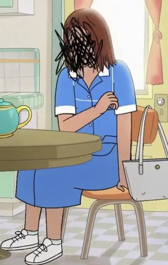 An anime-style woman in a blue uniform sits at a kitchen table with a teapot, her face obscured by black scribbles. A white…