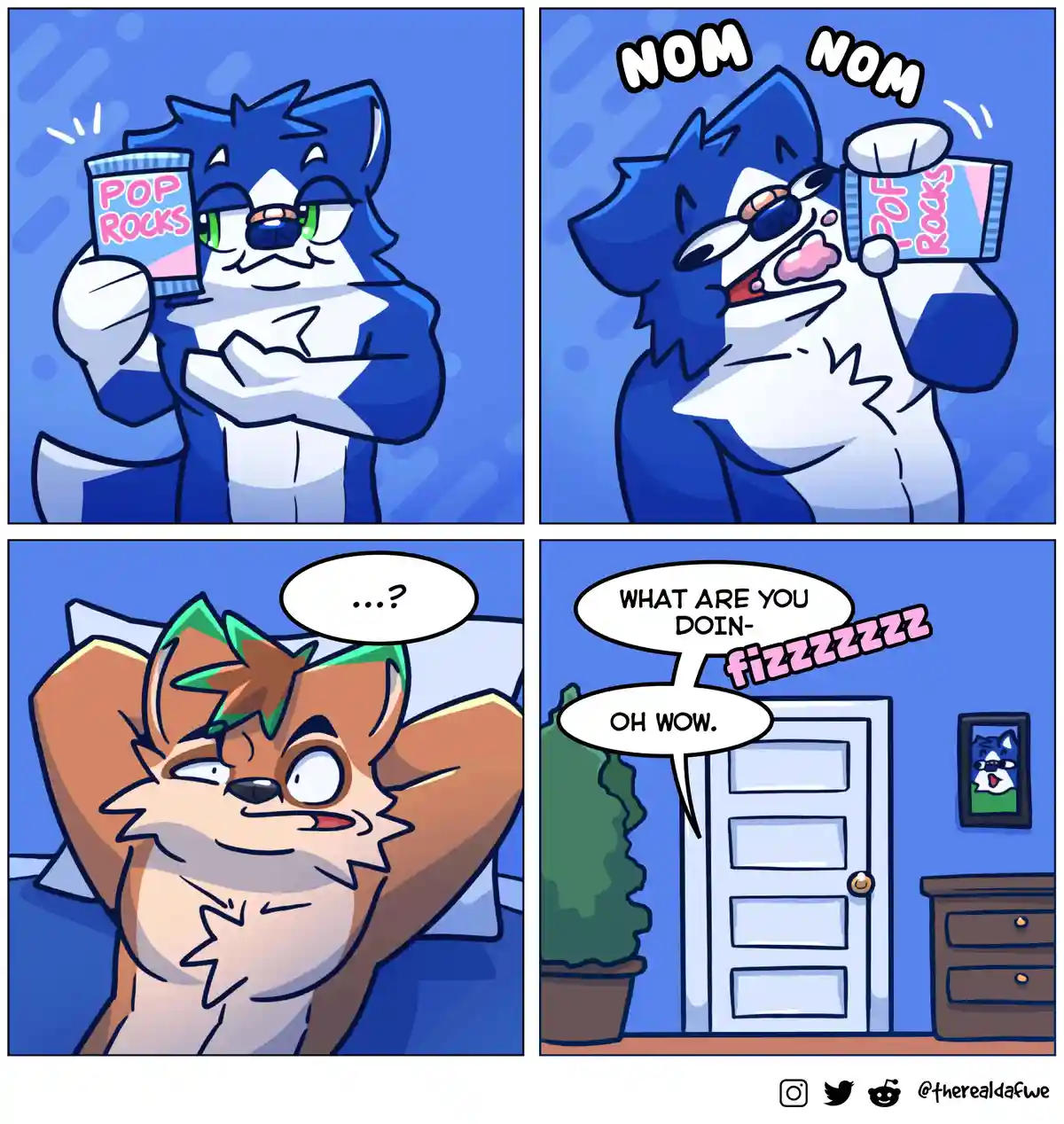 A four-panel comic shows a blue and white anthropomorphic cat happily eating Pop Rocks candy, which causes a loud fizzing…