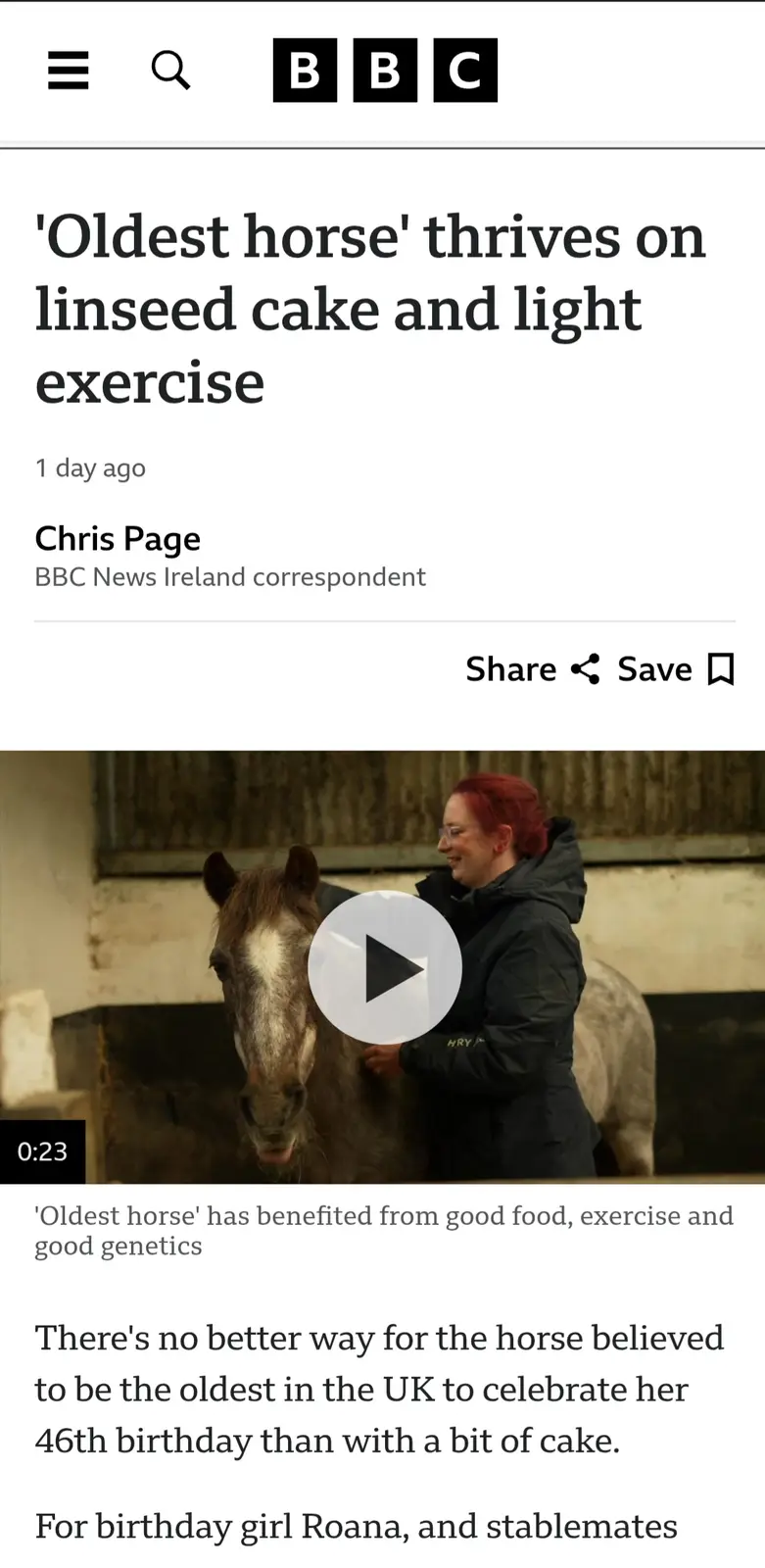 A BBC news article screenshot shows a woman with red hair petting a grey horse in a stable, with a video play button…