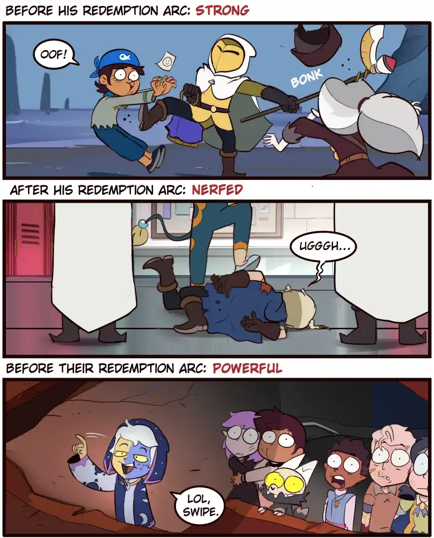 A three-panel comic strip from 'The Owl House' shows a character being knocked back with 'OOF!' before his redemption arc…