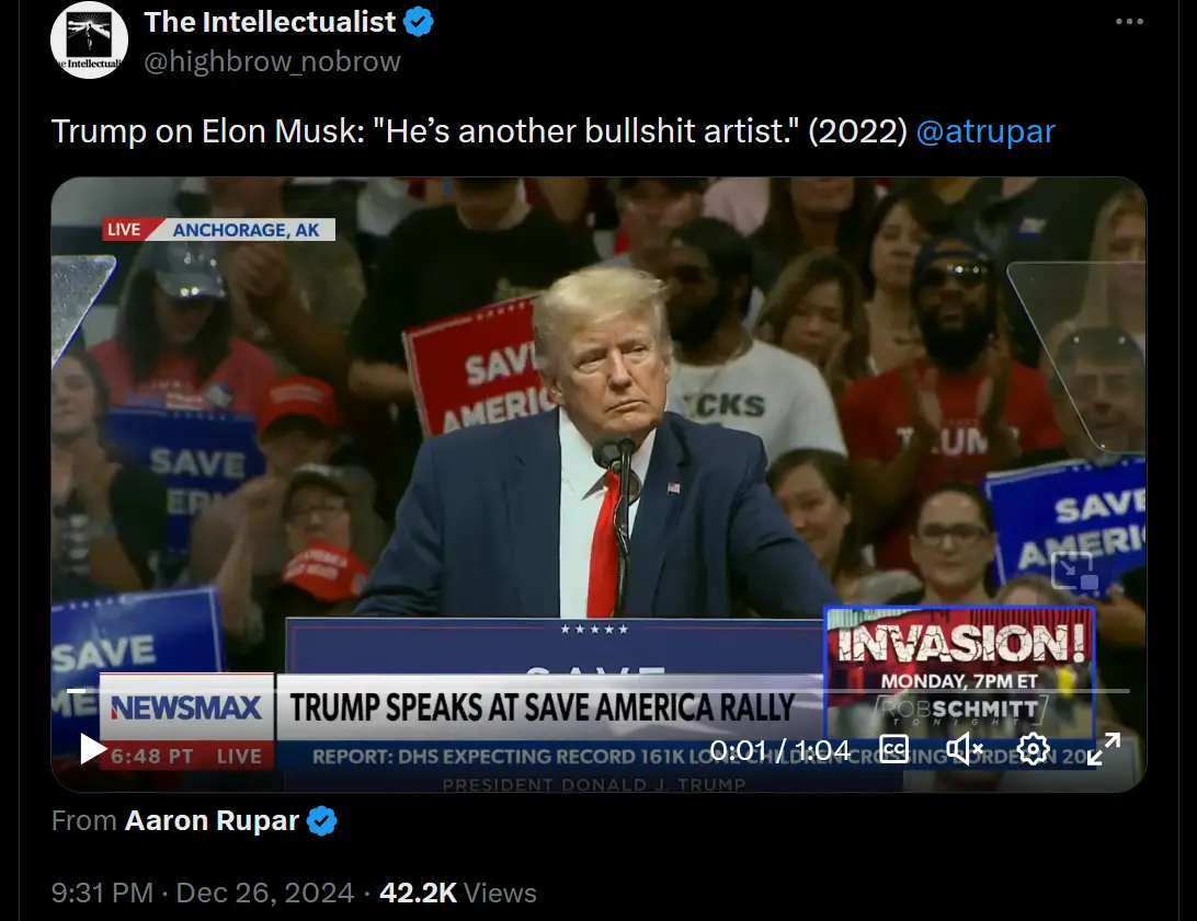 A screenshot from a Newsmax broadcast shows Donald Trump speaking at a rally with 'SAVE AMERICA' signs in the crowd. The…