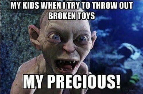 The image shows a close-up of the character Gollum from 'The Lord of the Rings' with a wide-eyed, frantic expression…