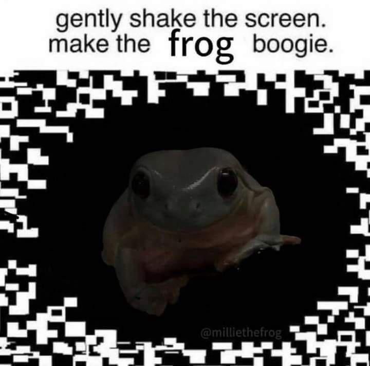 A close-up image of a small, grayish frog with large, dark eyes, centered against a black background framed by a white…