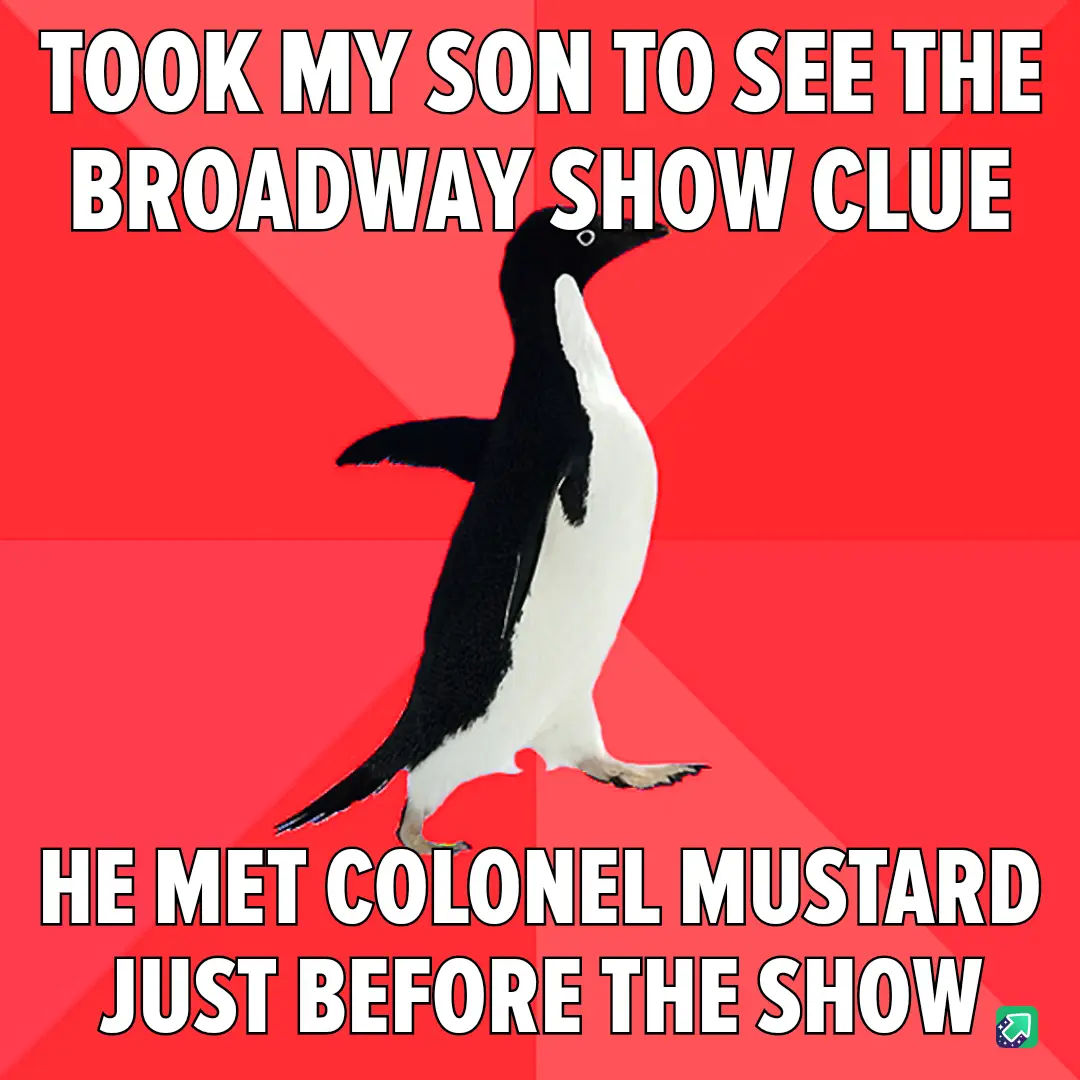 A black-and-white penguin stands against a red background with bold white text. The top text reads 'TOOK MY SON TO SEE THE…