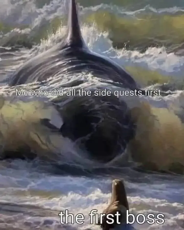 A painting depicts a large orca whale surfacing powerfully in ocean waves, while a small seal looks up at it from the water…