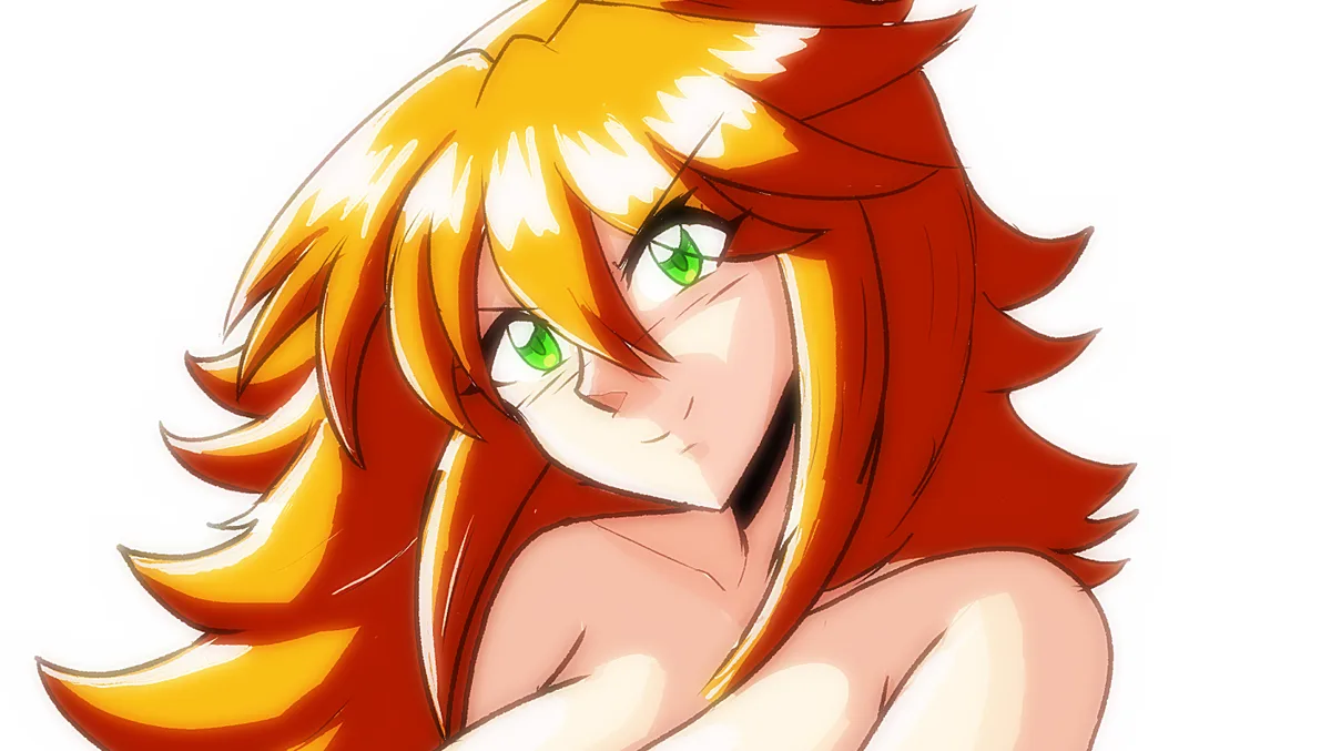 An anime-style illustration of a female character with fiery orange-red hair and green eyes, looking down with a subtle…