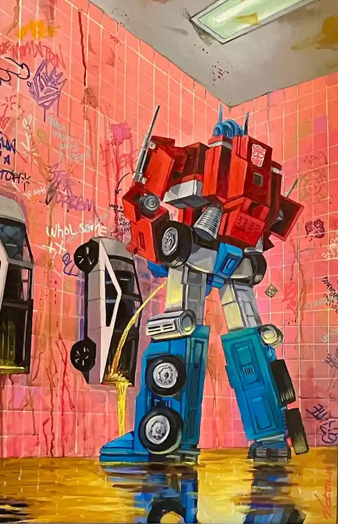 A painting depicts the red and blue robot Optimus Prime standing in a graffiti-covered, pink-tiled room with a yellow puddle…