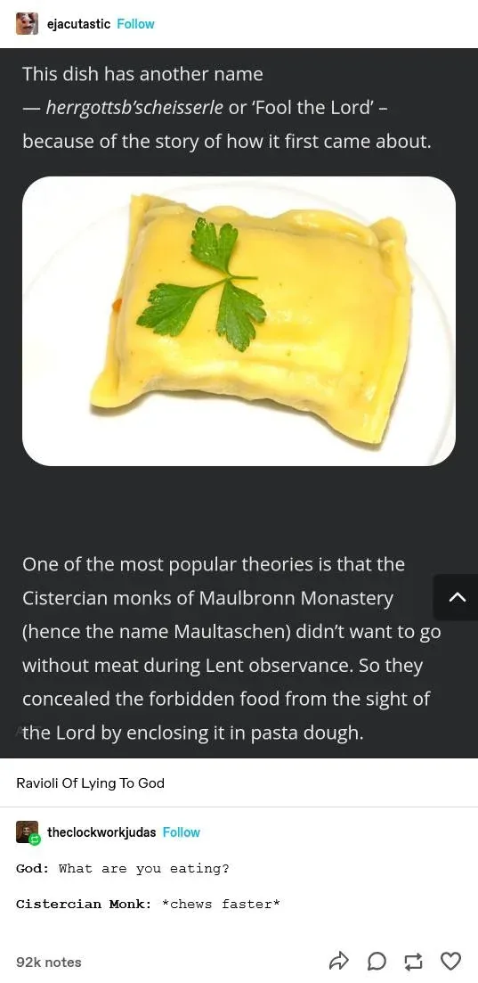 A close-up photo of a single ravioli on a white plate, garnished with a sprig of parsley. Overlaid text explains the dish's…