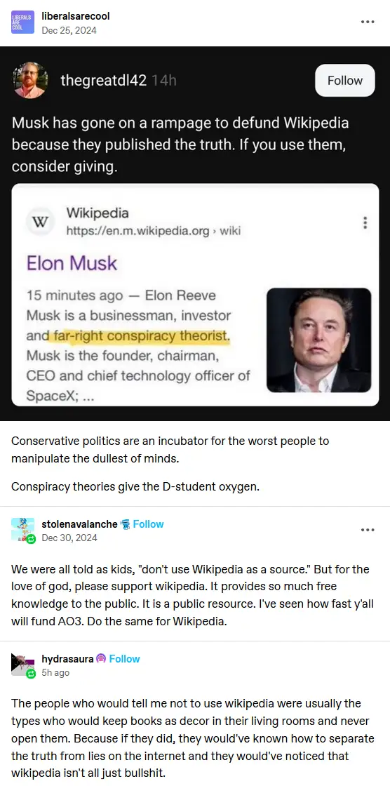 A screenshot of a social media post by 'thegreatl42' shows a Wikipedia entry for Elon Musk with the text 'far-right…