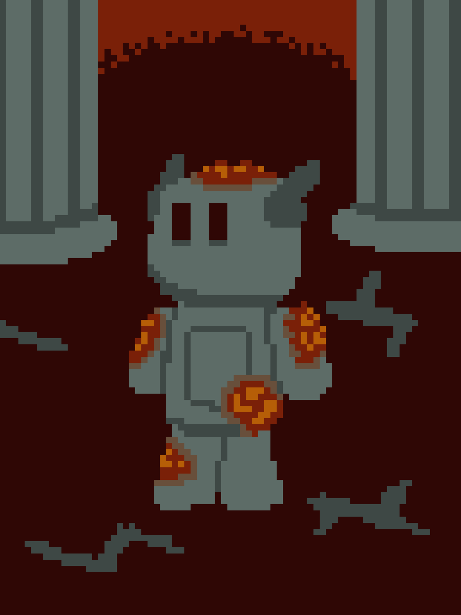 A pixel art image shows a grey, blocky, humanoid figure with a crown, standing between two grey pillars against a dark red…
