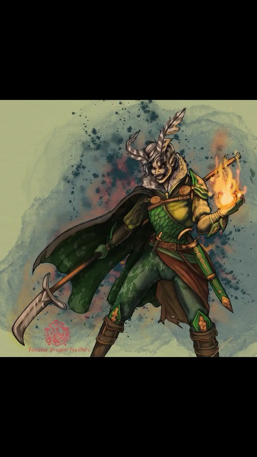 A fantasy illustration of a green-scaled, horned humanoid warrior with feathered headgear, wearing green armor and a dark…