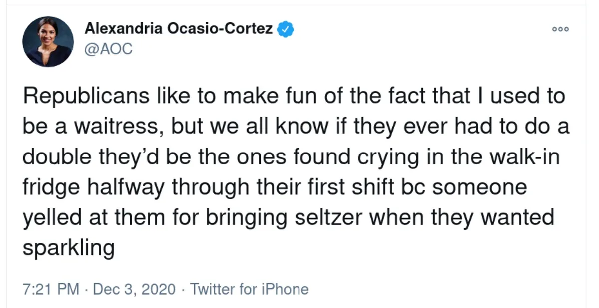 A screenshot of a tweet from Alexandria Ocasio-Cortez's verified Twitter account (@AOC) dated December 3, 2020. The tweet…