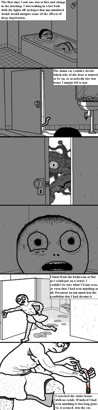 A five-panel comic strip depicts a person's escalating panic after seeing a monstrous, tree-like creature with one eye in…