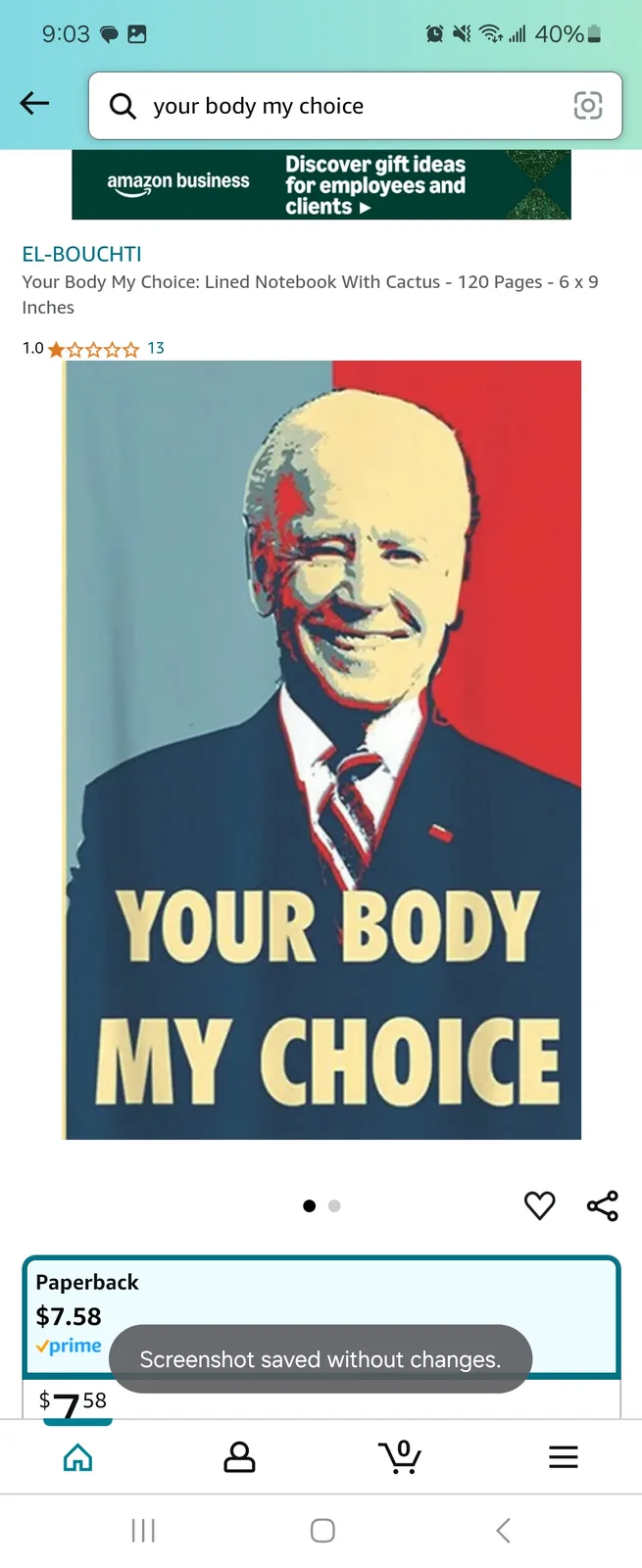 An amazon product page for a notebook titled 'Your Body My Choice' featuring a stylized image of joe biden smiling, with the…