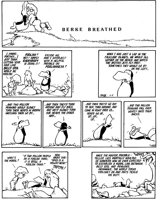 A black-and-white comic strip titled 'BERKE BREATHED' depicts a man telling a parable about penguins watching jets fly by…