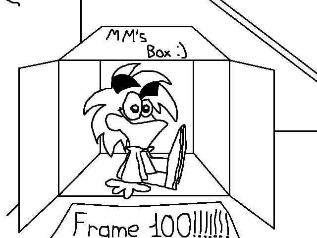 A hand-drawn black-and-white cartoon depicts a surprised-looking character with spiky hair inside a box labeled 'MM's Box…