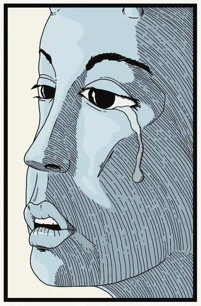 A stylized illustration of a person's face in profile, rendered in blue tones with black line art and shading. A single tear…