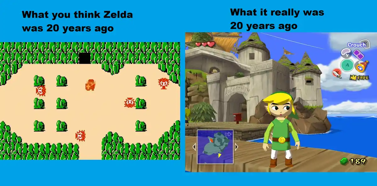The image is split into two panels. The left panel shows a pixelated, 2D side-scrolling scene from an old Zelda game with…