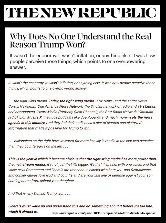 The image displays a screenshot of an article from 'The New Republic' with the headline 'Why Does No One Understand the Real…