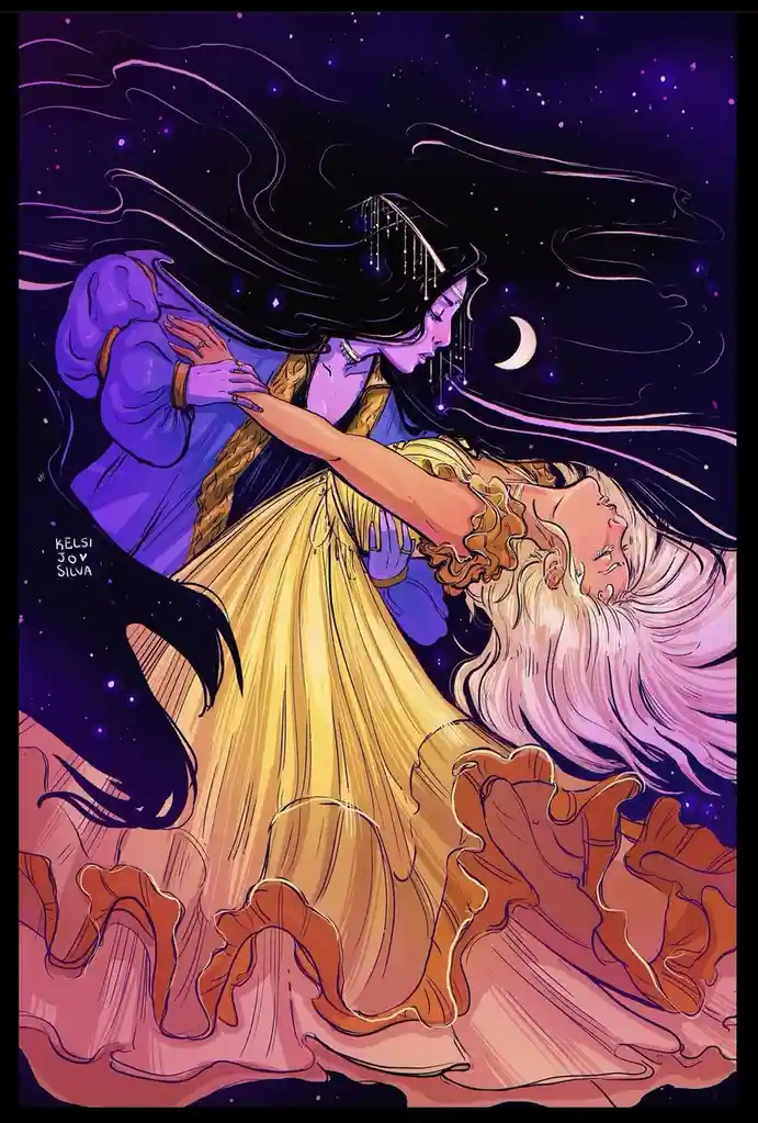 Two women are dancing in a starry night sky, one with long black hair and purple skin in a blue outfit, the other with long…