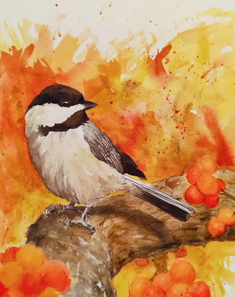 A watercolor painting depicts a small bird with a black cap and white cheeks perched on a branch surrounded by orange…