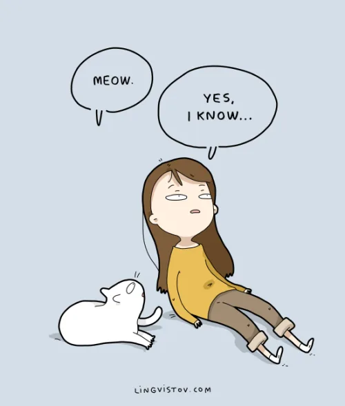 A cartoon woman in a yellow shirt sits on the floor looking exhausted, with a white cat beside her. The cat has a speech…