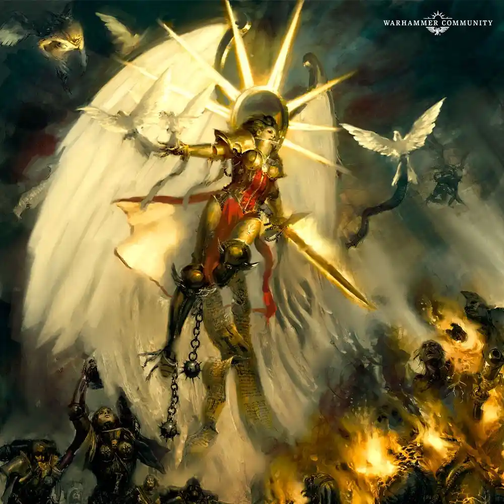 A dramatic fantasy painting depicts a radiant, armored angelic warrior with a glowing halo and large white wings, wielding a…