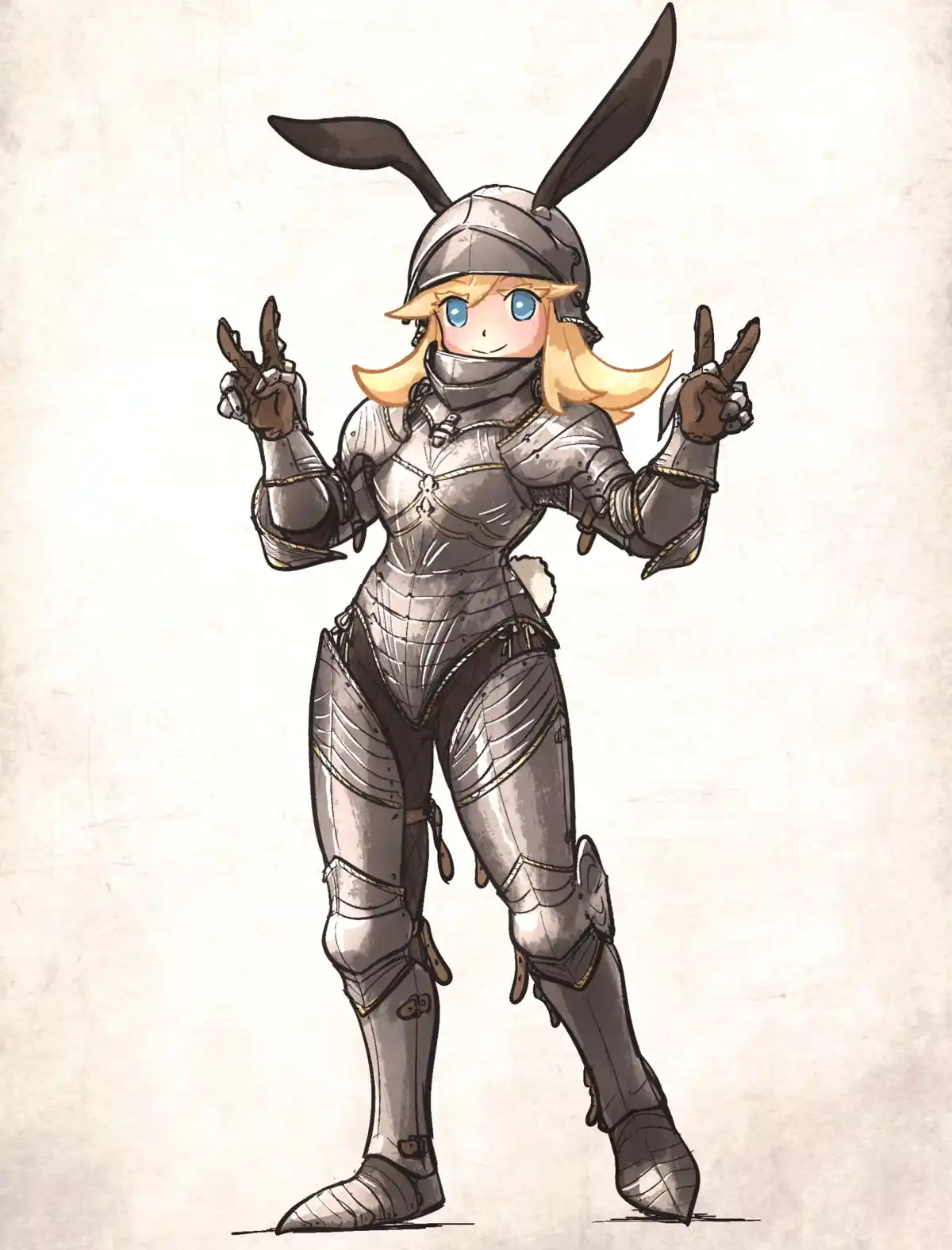 An anime-style illustration shows a blonde-haired female character in full silver plate armor, complete with a helmet that…