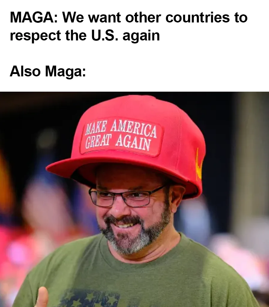 A man wearing a red 'MAKE AMERICA GREAT AGAIN' cap and glasses smiles while giving a thumbs-up. The top text reads 'MAGA: We…