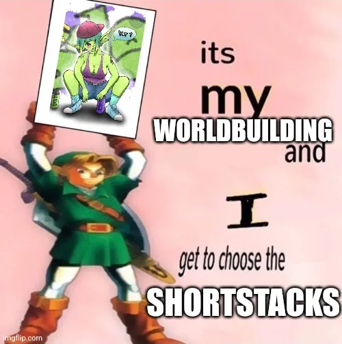 A character resembling Link from The Legend of Zelda holds up a framed picture of a green-skinned, scantily clad female…