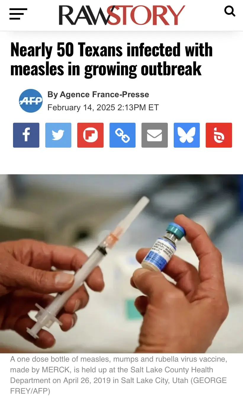 A screenshot of a RawStory news article with the headline 'Nearly 50 Texans infected with measles in growing outbreak' is…