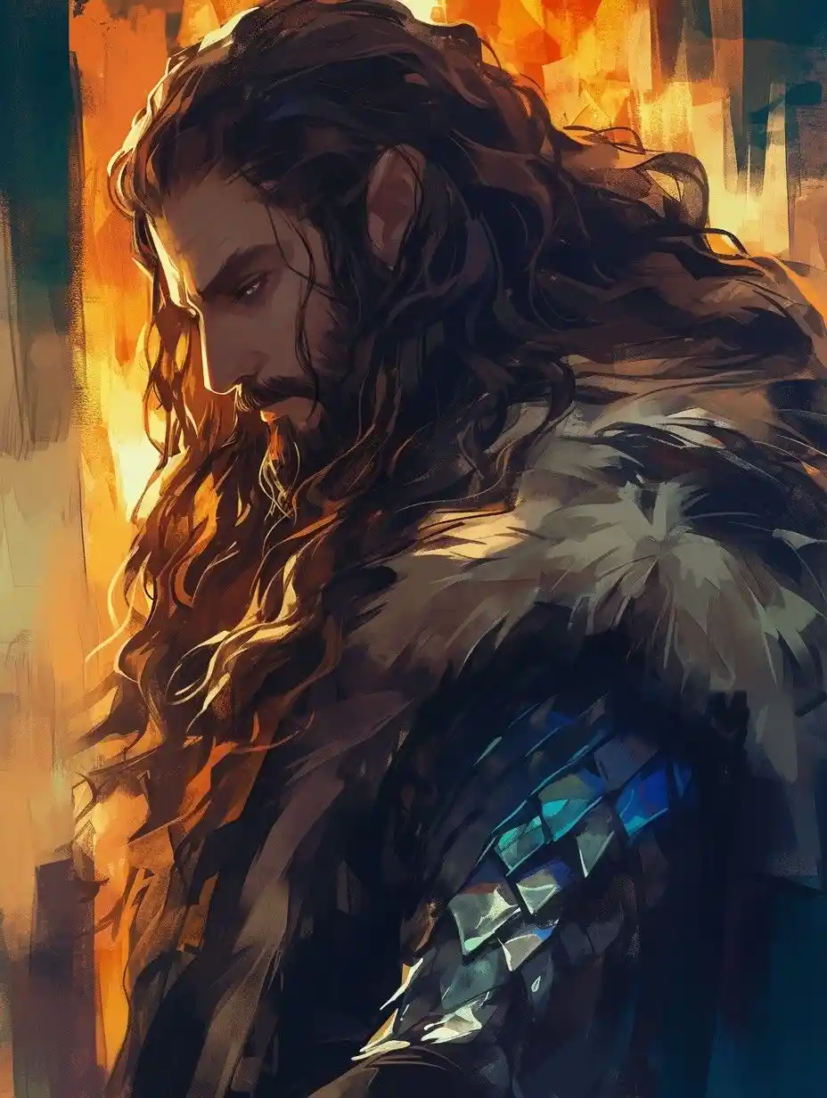 A stylized digital painting of a man with long dark hair and a beard, wearing a fur-lined cloak and blue armor, looking…