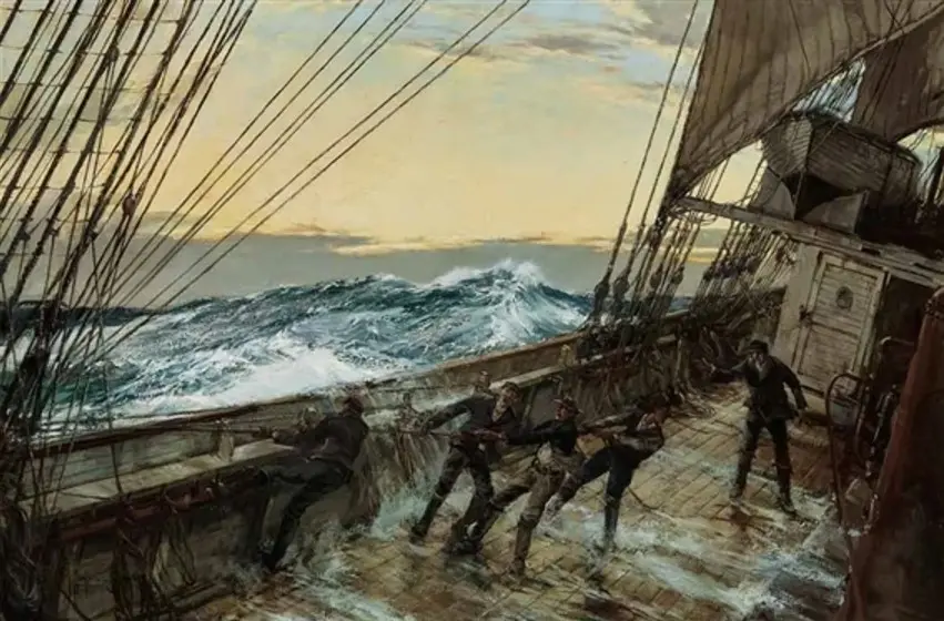 A dramatic painting depicts sailors on a ship's deck struggling against massive ocean waves during a storm, with ropes and…