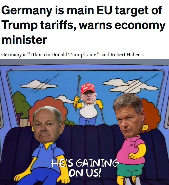 The image shows two men, identified as German politicians, sitting in the backseat of a cartoon car from The Simpsons…