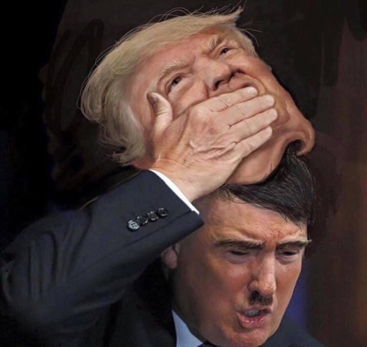 A digitally manipulated image shows Donald Trump with his own hand covering his mouth as if shocked or embarrassed, while…