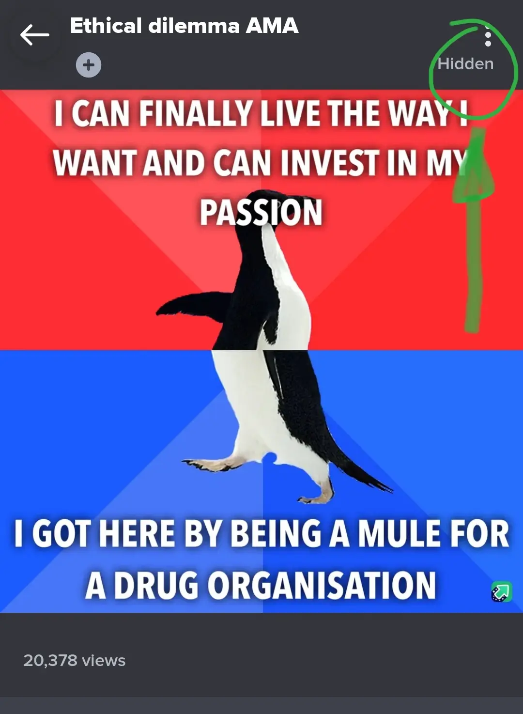A penguin stands in the center of a red and blue split background, with white text overlaid. The top text reads 'I CAN…