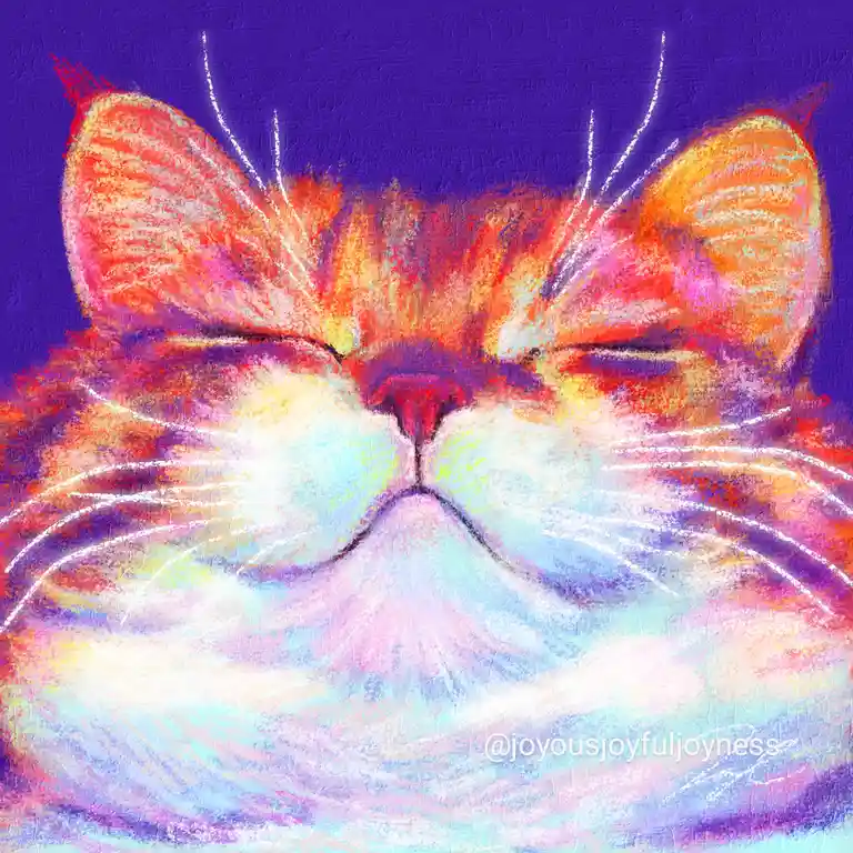 A vibrant, stylized painting of a cat's face with closed eyes and a serene expression, rendered in a colorful, textured…