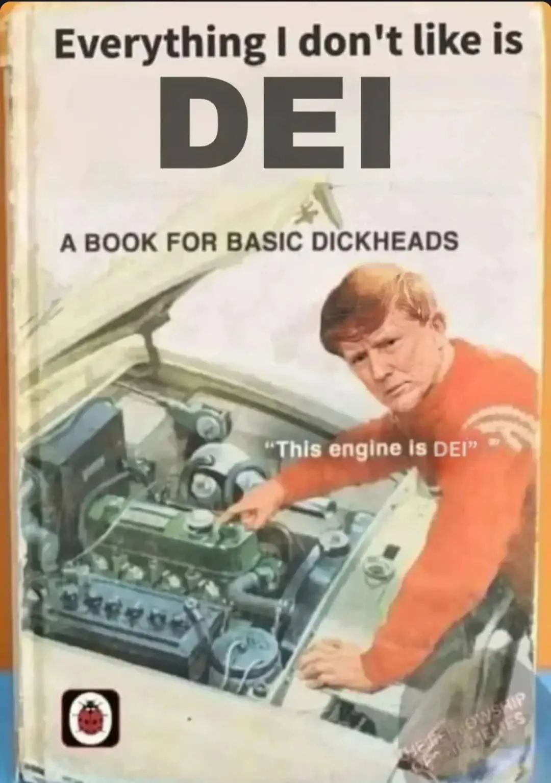 The image shows a book cover featuring a man in an orange shirt pointing at a car engine. The text on the cover reads…