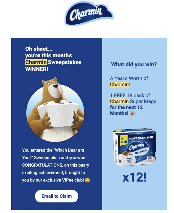 An advertisement for Charmin toilet paper features a cartoon bear holding rolls of toilet paper, announcing the user as a…