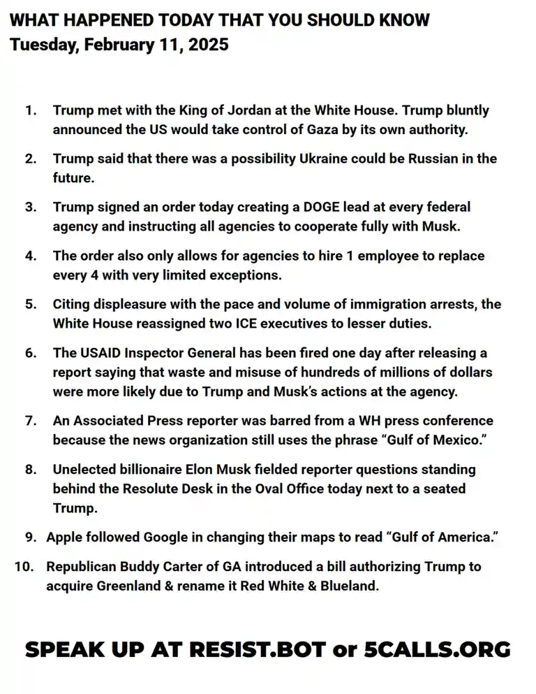 A satirical 'What Happened Today That You Should Know' list dated February 11, 2025, featuring ten absurd and politically…