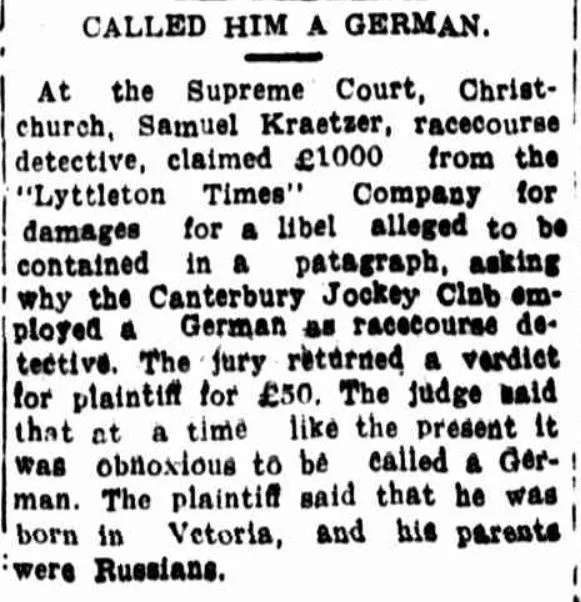 A black-and-white newspaper clipping shows a legal case where Samuel Kraetzer, a racecourse detective, sued a newspaper for…
