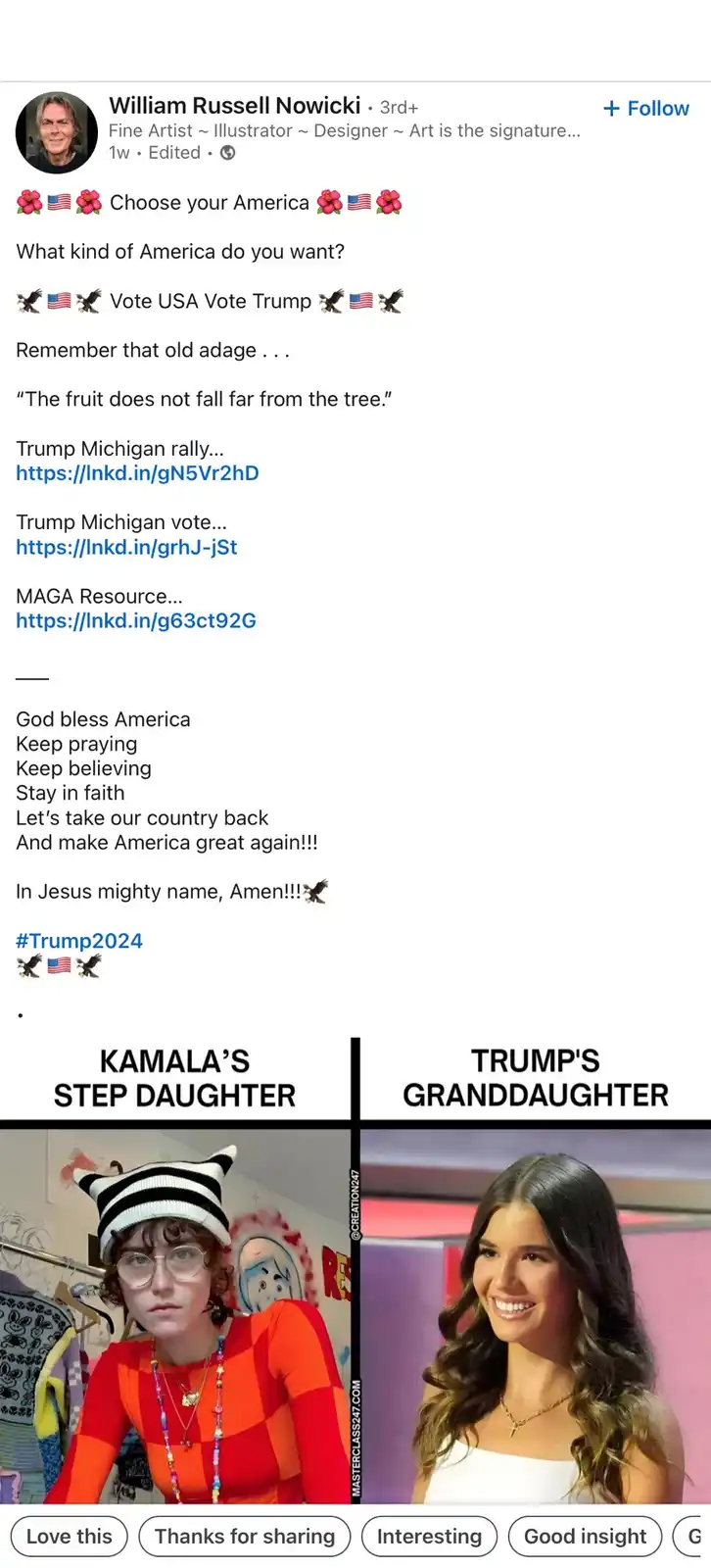 The image is a split-screen meme comparing two young women. The left panel, labeled 'KAMALA'S STEP DAUGHTER,' shows a person…