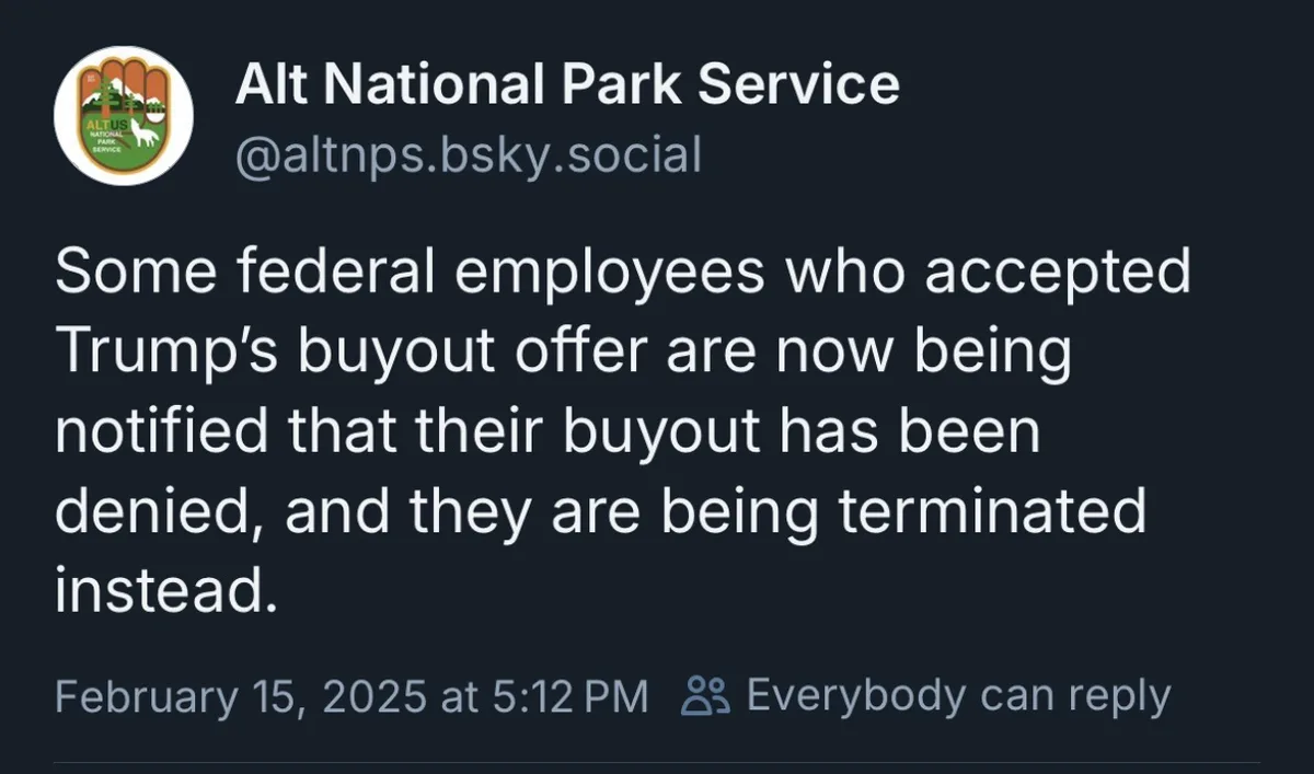 A screenshot of a social media post from an account called 'Alt National Park Service' with a logo featuring a hand holding…