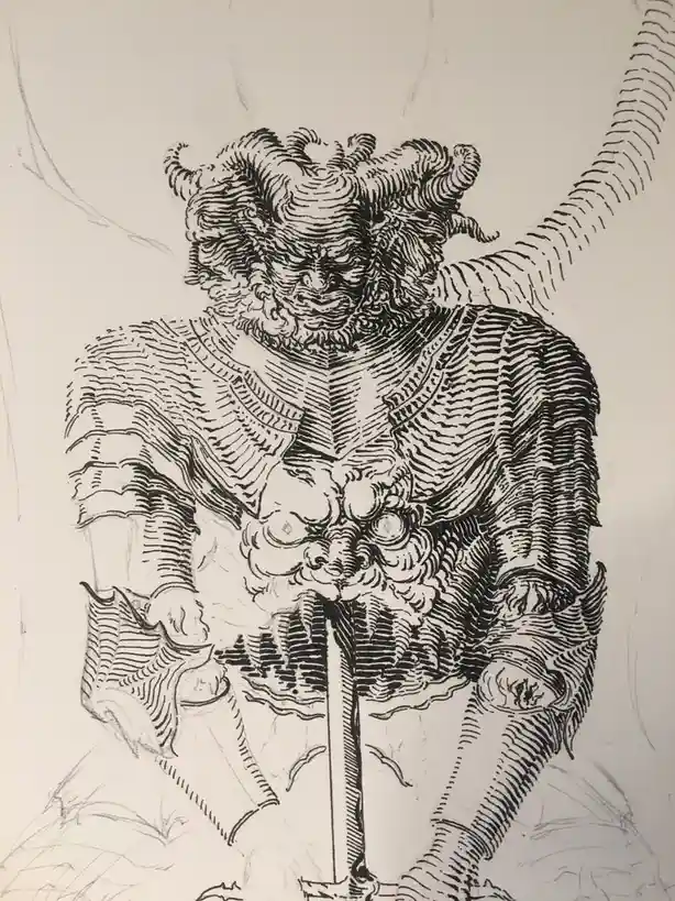 A black-and-white line drawing depicts a horned, demonic-looking figure in ornate armor, holding a sword. The figure has a…