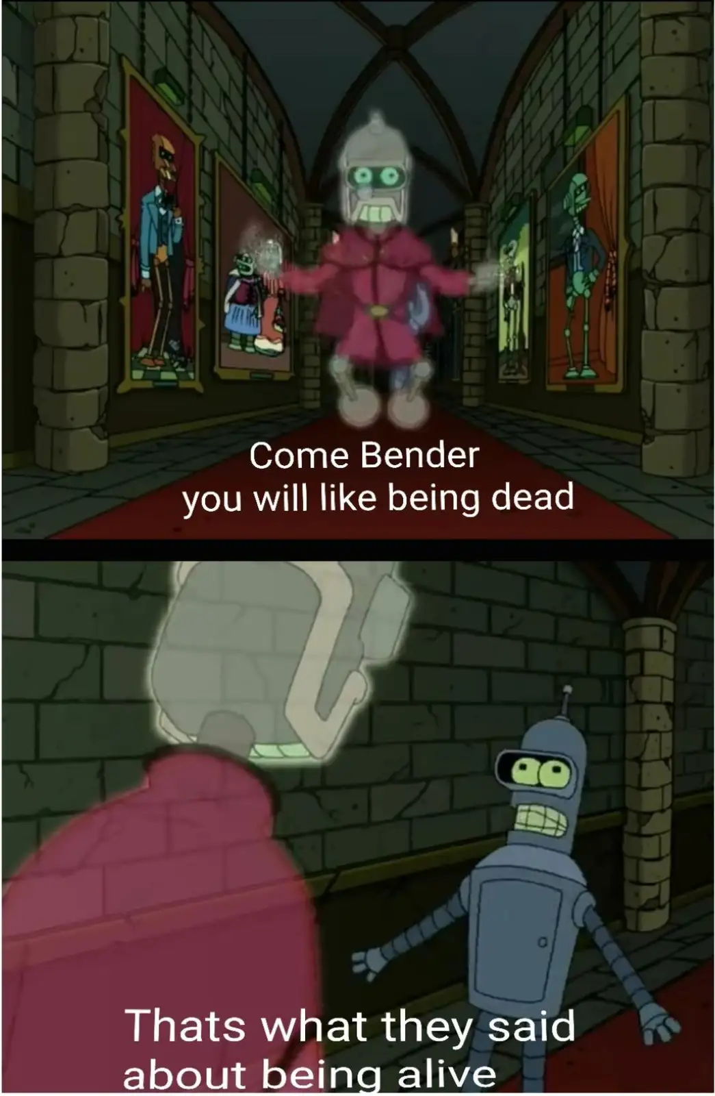 The top panel shows a ghostly, translucent Bender in a red robe standing in a stone hallway with portraits, with text saying…