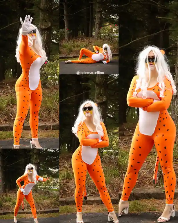 A collage of six photos shows a person in a full-body orange cheetah costume with black spots, white chest patch, and a long…