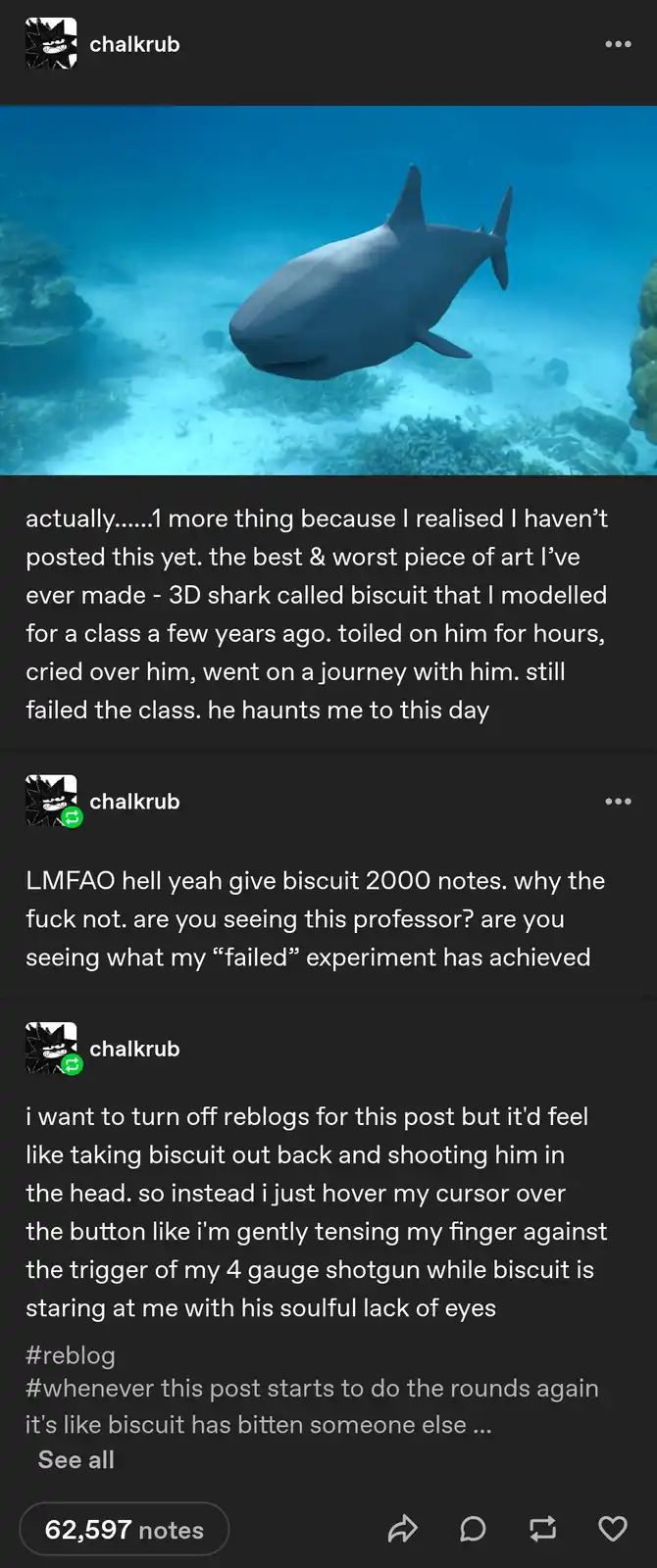 The image shows a 3D rendered shark swimming underwater, with coral and sandy ocean floor visible. Overlaid text from a…