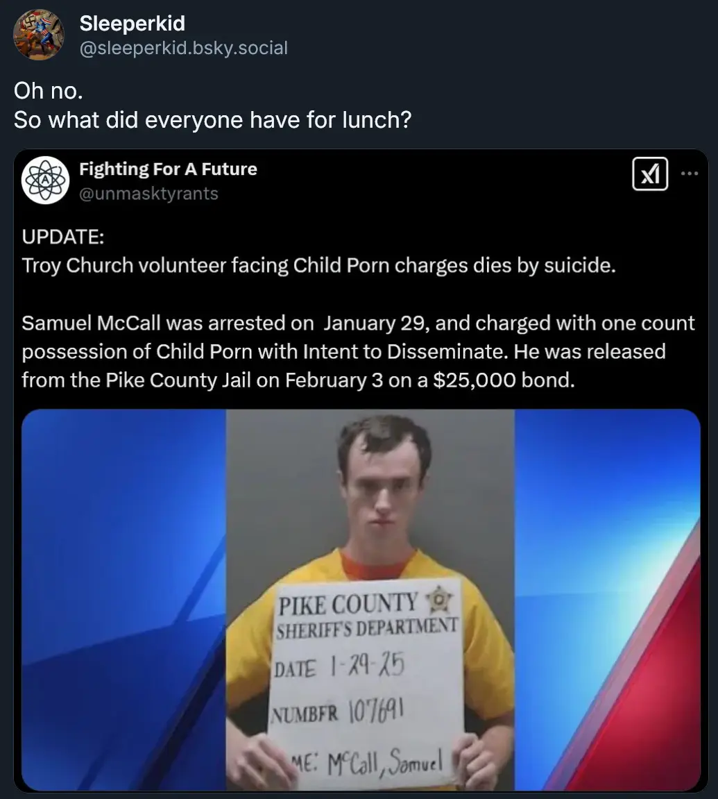 A screenshot of a social media post shows a news update about Samuel McCall, a Troy Church volunteer arrested for child…