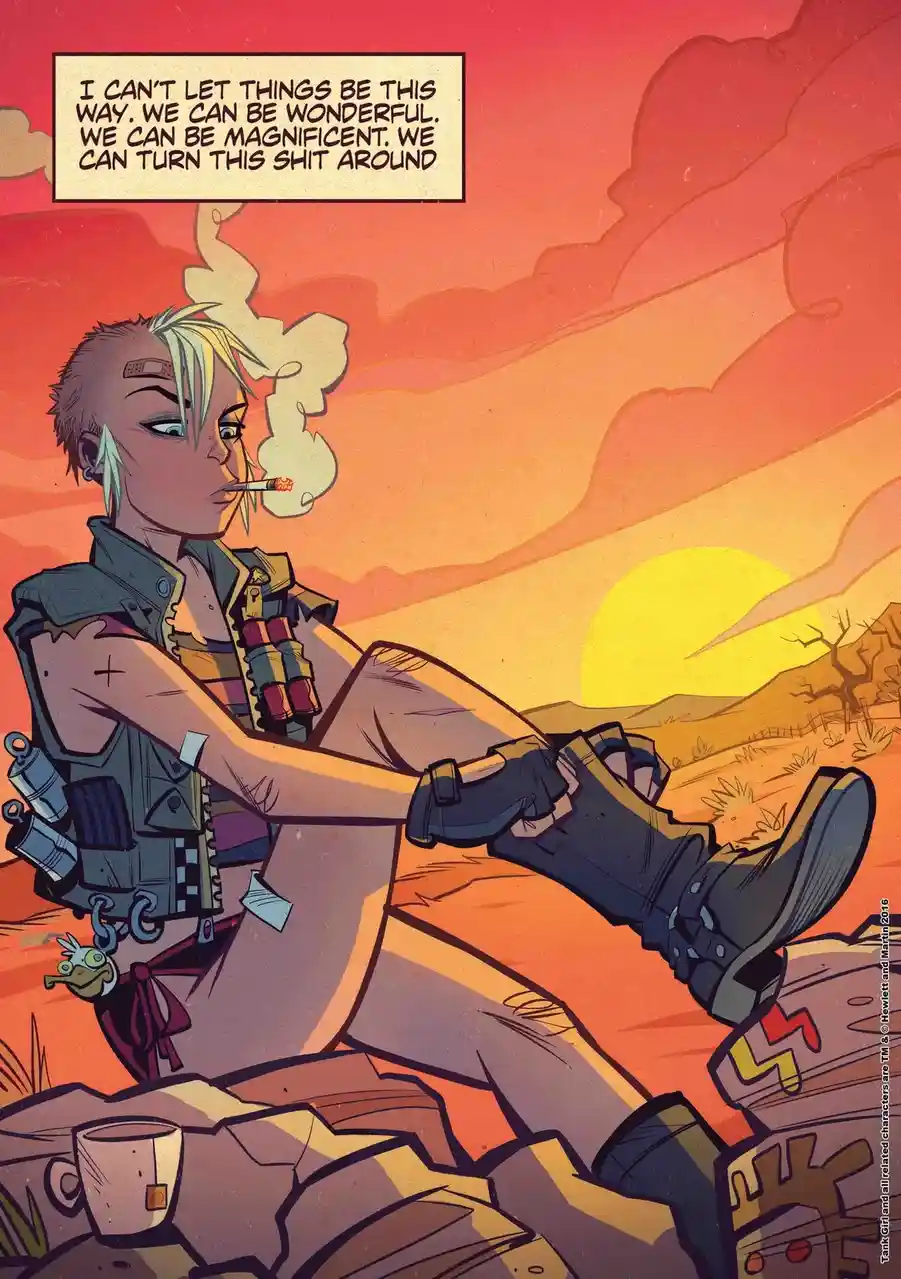 A comic panel shows a weary, blonde-haired character in combat gear sitting on a rock in a desert at sunset, smoking a…